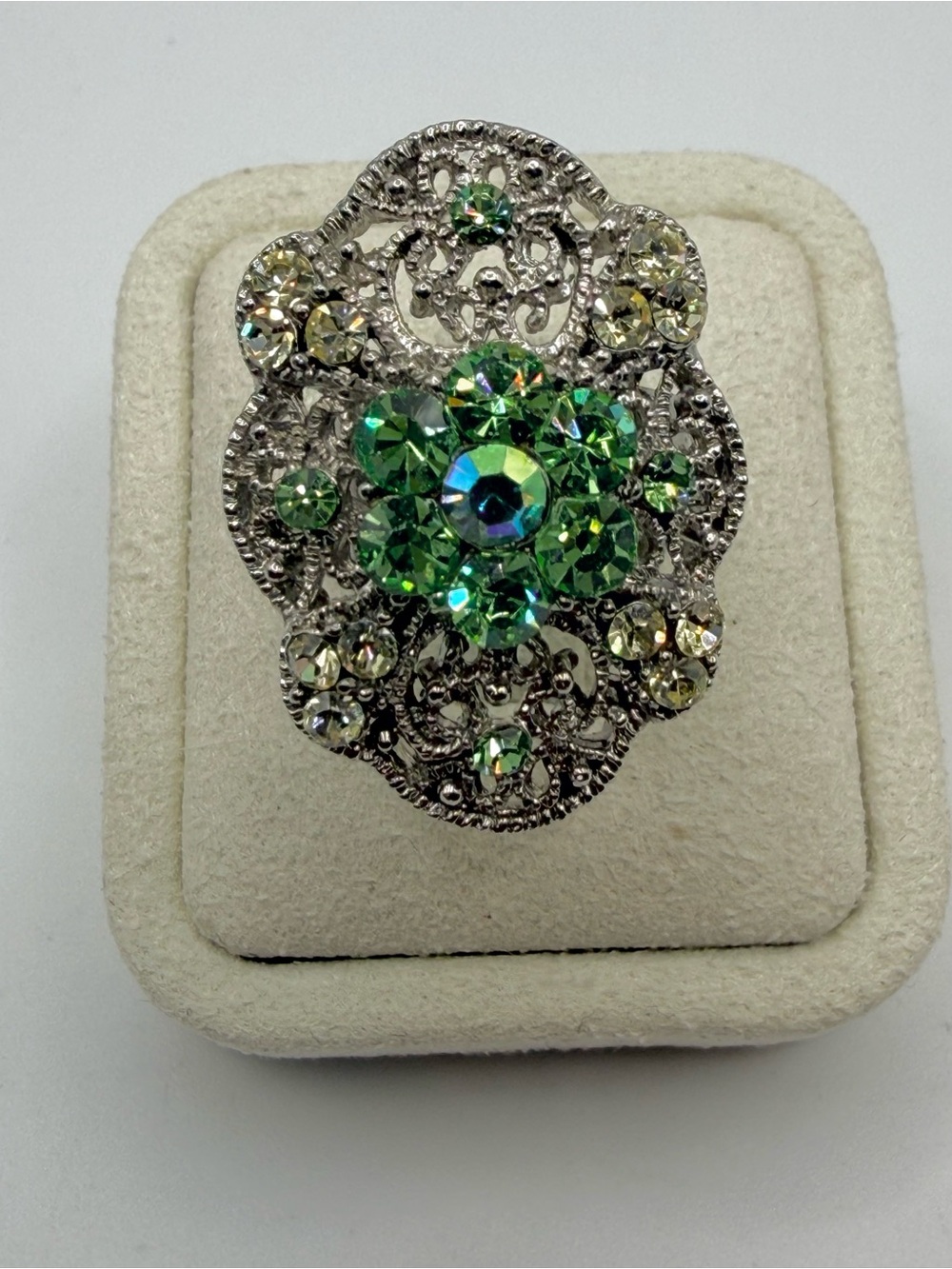 Silver Tone Filigree‎ Green Rhinestone Adjustable Cocktail Ring